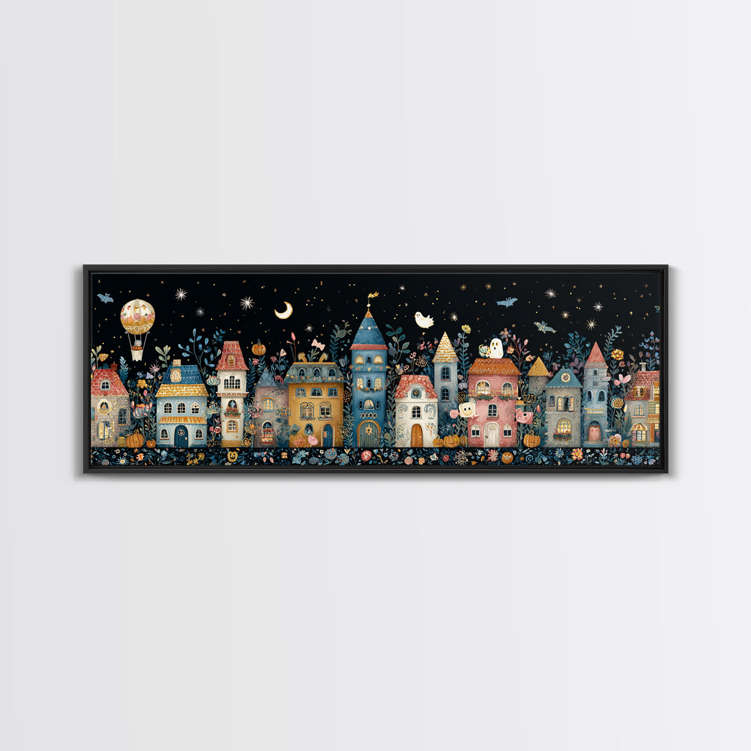 The Ghost Balloon City, Folk Halloween Art, Extra Wide Wall Art, Canvas Print, Cute Halloween Wall Art