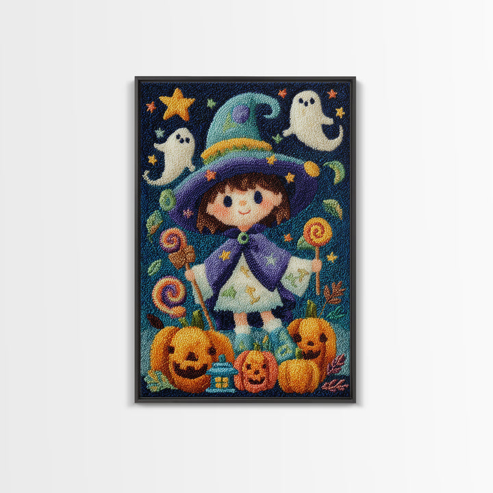 The Star-Cape Magician, Embroidered Halloween Art, Vertical Wall Art, Canvas Print, Cute Halloween Wall Art