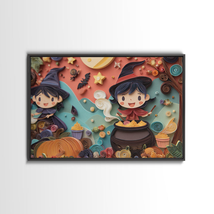The Cupcake Cauldron Class, Quilled Halloween Art, Landscape Wall Art, Framed Canvas Print, Cute Halloween Wall Art