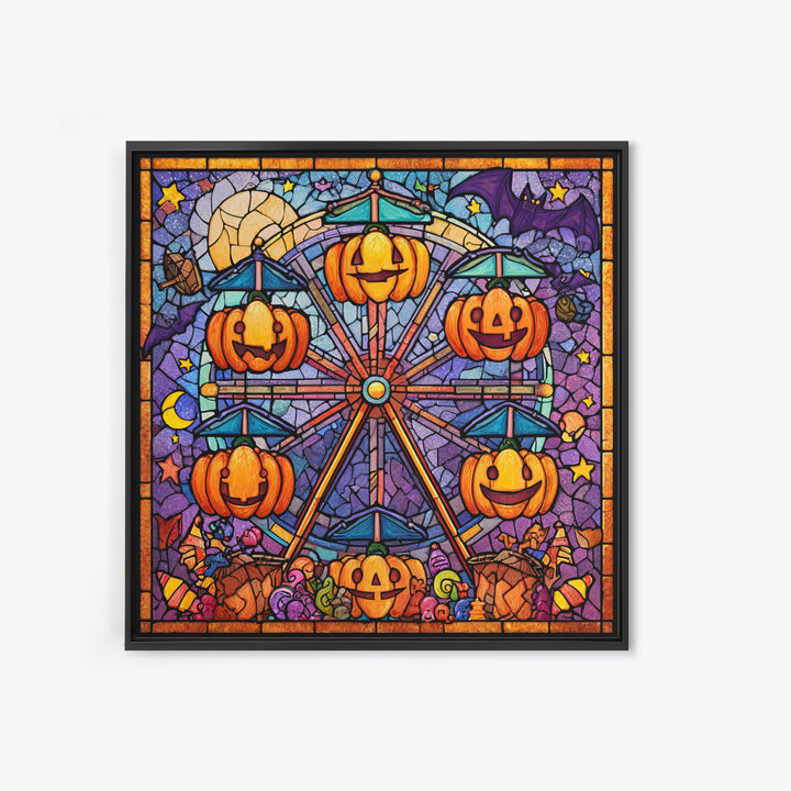 The Pumpkin Ferris Wheel, Stained Glass Halloween, Square Wall Art, Canvas Print, Cute Halloween Wall Art