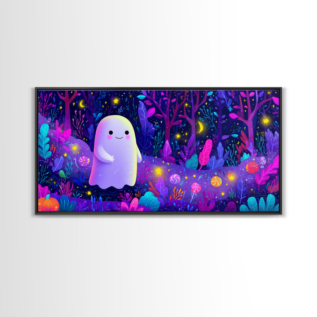 The Ghost And Firefly Friends, Vaporwave Halloween Art, Wide Panoramic Art, Framed Canvas Print, Cute Halloween Wall Art