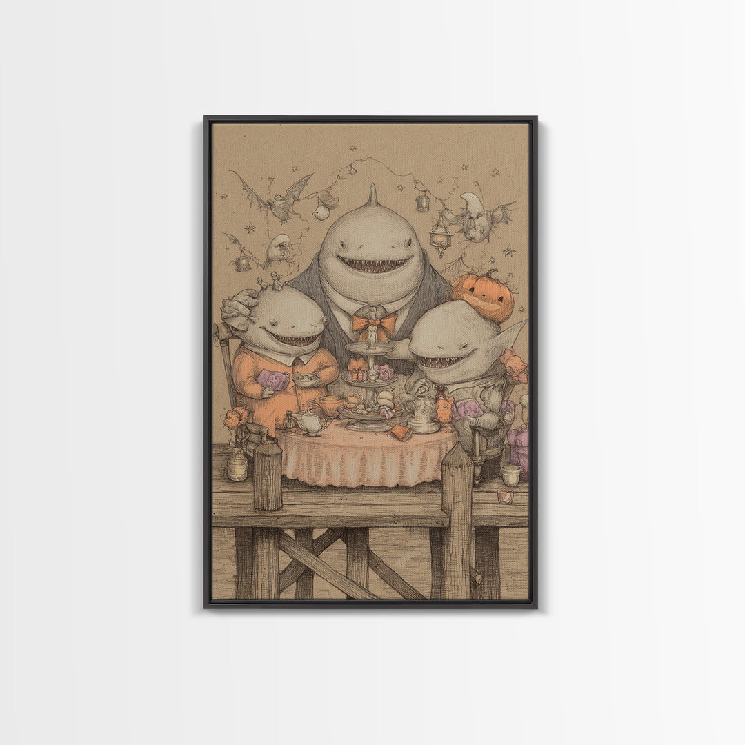 The Tea Party At Innsmouth Pier, Hand Sketch Halloween Art, Vertical Wall Art, Canvas Print, Cute Halloween Wall Art