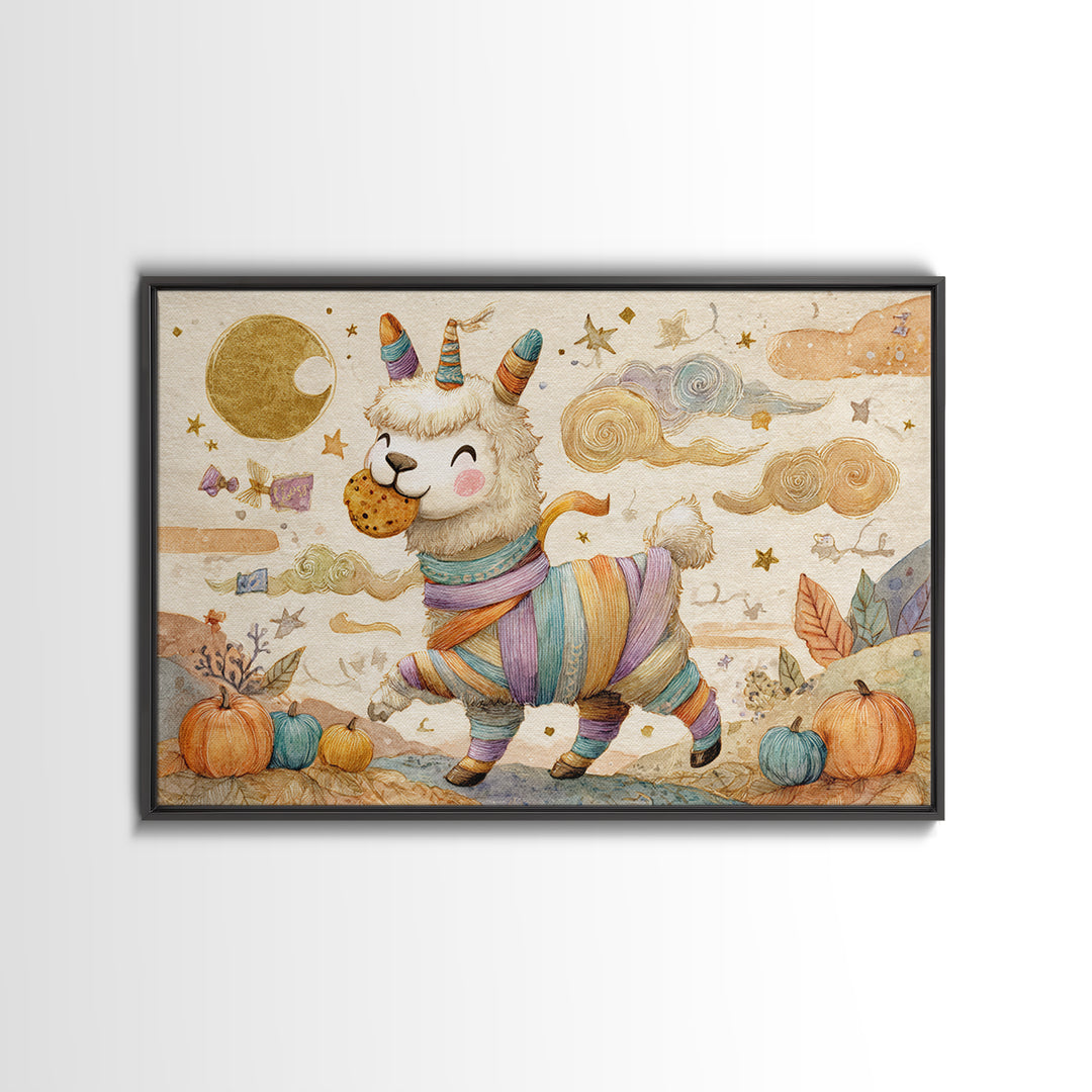 The Llama Mummy, Watercolor Halloween Art, Landscape Wall Art, Framed Canvas Print, Cute Halloween Wall Art
