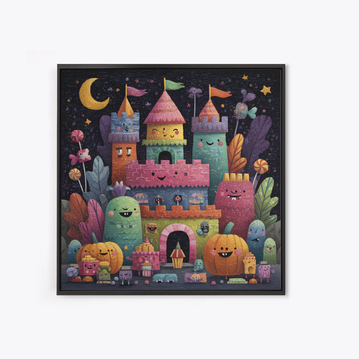 The Candy Castle, Gouache Halloween Art, Square Wall Art, Canvas Print, Cute Halloween Wall Art, Halloween Kids Decor, Storybook Decor