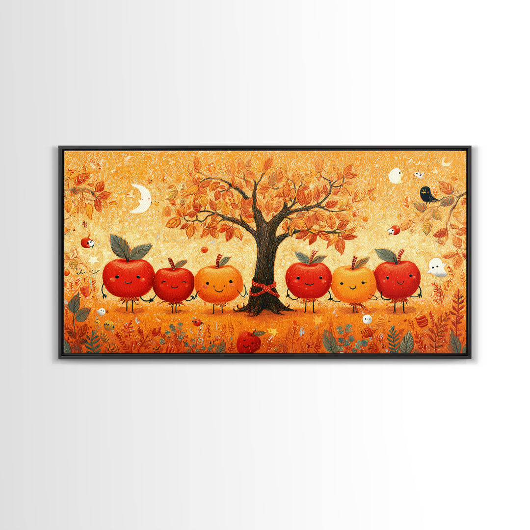 The Caramel Apple Friends, Crayon Halloween Art, Wide Panoramic Art, Framed Canvas Print, Cute Halloween Wall Art
