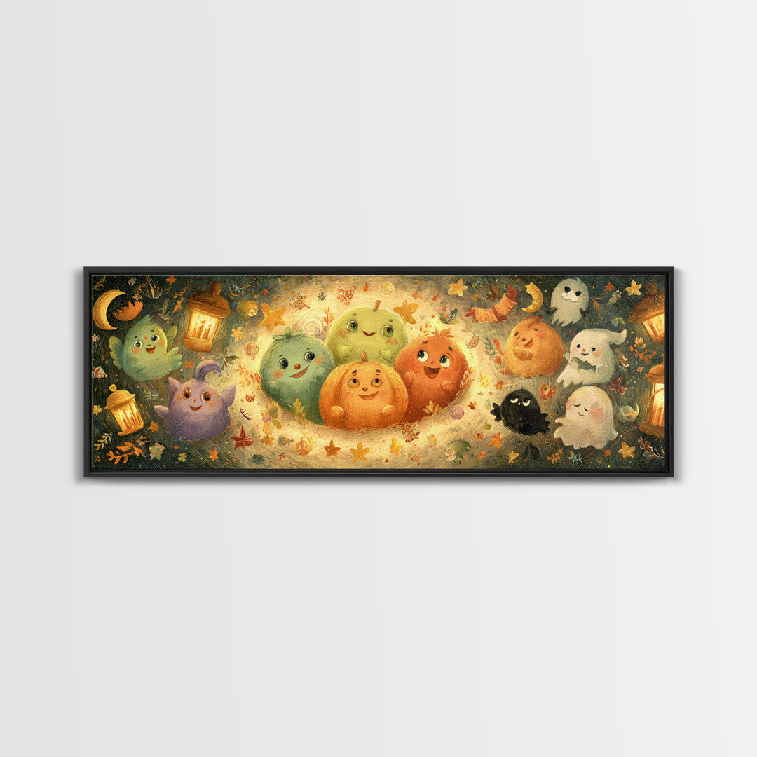 The Halloween Story Circle, Pastel Halloween Art, Extra Wide Wall Art, Canvas Print, Cute Halloween Wall Art