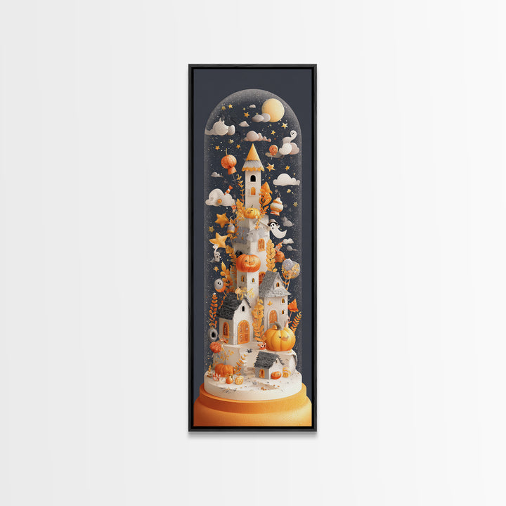 Halloween Inside A Snow Globe, Paper Collage Halloween, Tall Narrow Wall Art, Framed Canvas Print, Cute Halloween Wall Art