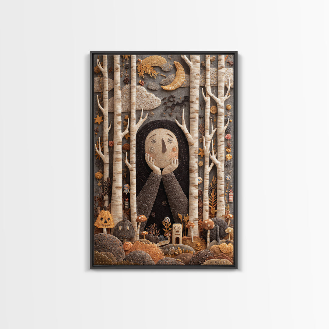 The Sleeper In The Birch Grove, Felt Halloween Art, Vertical Wall Art, Canvas Print, Cute Halloween Wall Art