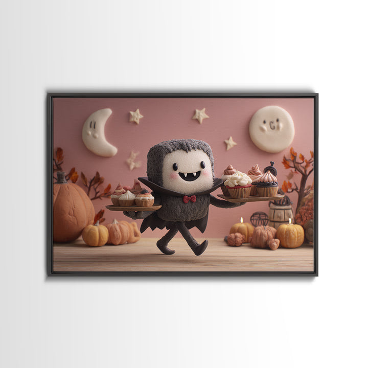 The Cupcake Vampire, Clay Halloween Art, Landscape Wall Art, Framed Canvas Print, Cute Halloween Wall Art