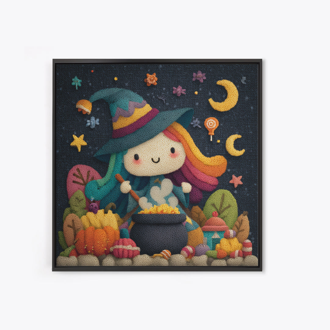 The Rainbow-Cauldron Witch, Plush Halloween Art, Square Wall Art, Canvas Print, Cute Halloween Wall Art