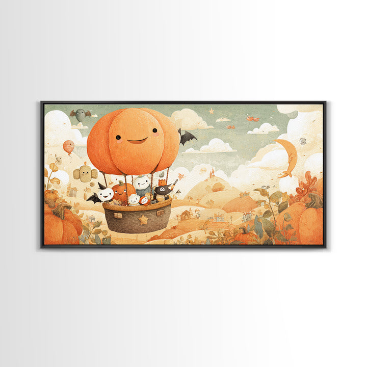 The Pumpkin Hot-Air Balloon, Kawaii Halloween Art, Wide Panoramic Art, Framed Canvas Print, Cute Halloween Wall Art