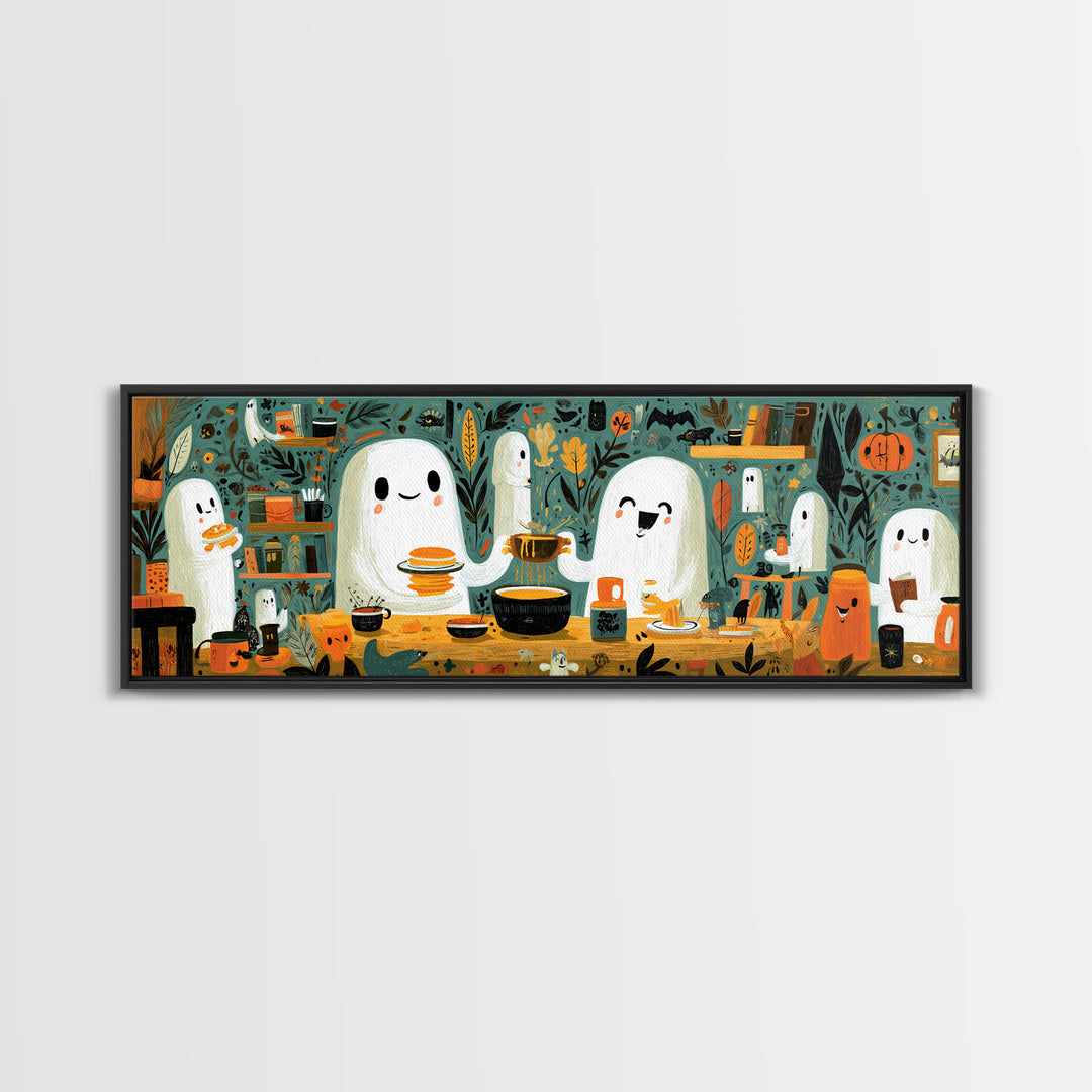 The Ghost Family Breakfast, Retro Halloween Art, Extra Wide Wall Art, Canvas Print, Cute Halloween Wall Art