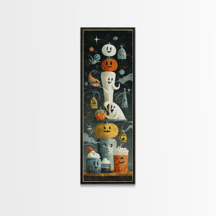 The Midnight Cocoa Party, Screenprint Halloween Art, Tall Narrow Wall Art, Framed Canvas Print, Cute Halloween Wall Art