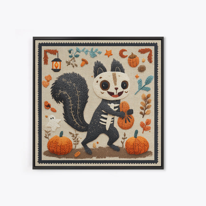 The Squirrel Skeleton, Embroidered Halloween Art, Square Wall Art, Canvas Print, Cute Halloween Wall Art