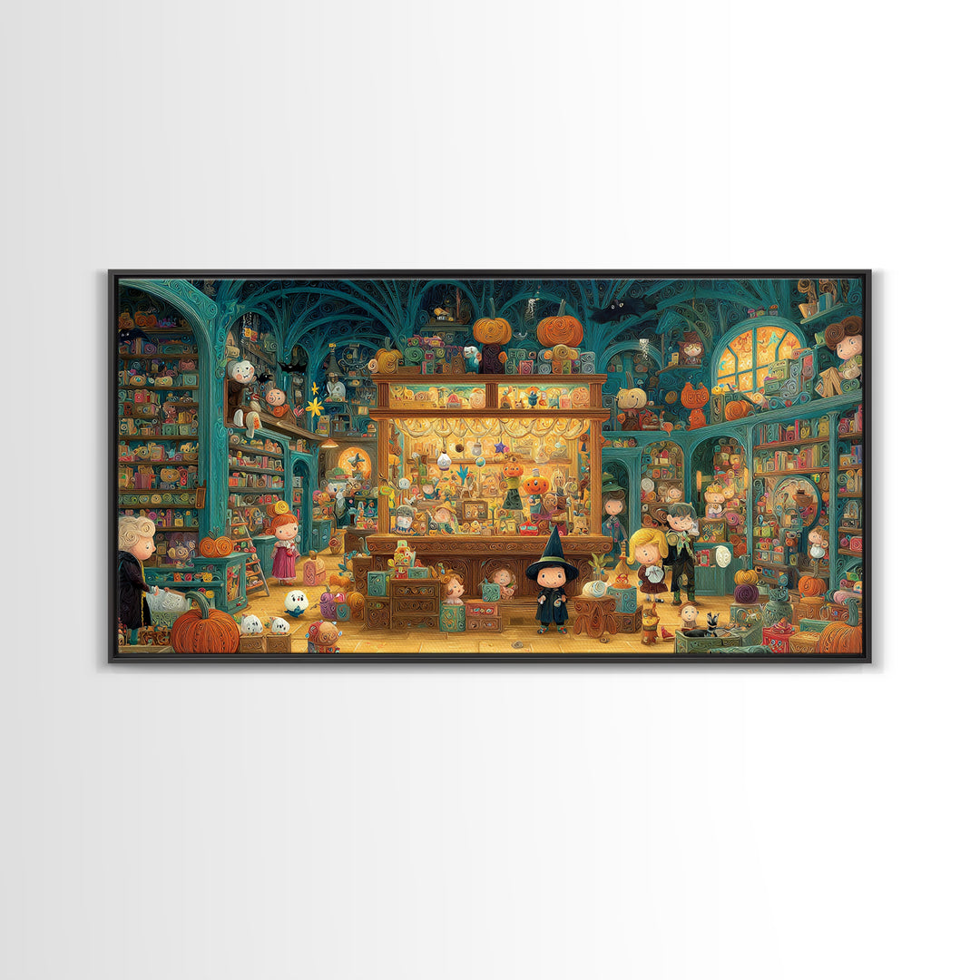 The Moonlight Toy Shop, Quilled Halloween Art, Wide Panoramic Art, Framed Canvas Print, Cute Halloween Wall Art