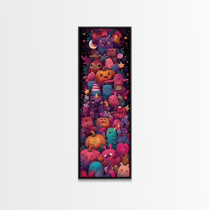 The Monster Hide-And-Seek Game, Vaporwave Halloween Art, Tall Narrow Wall Art, Framed Canvas Print, Cute Halloween Wall Art