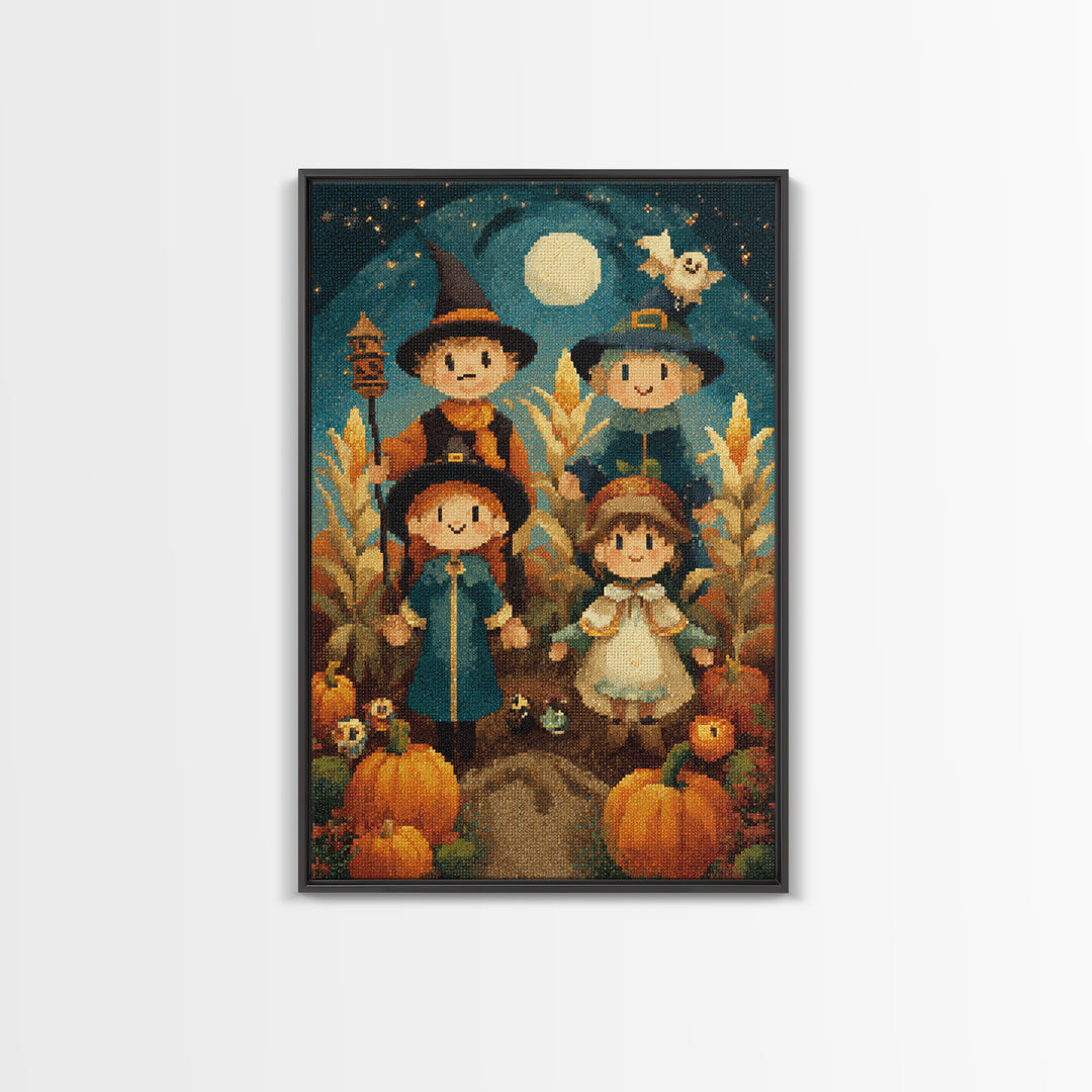 The Starry Cornfield Maze, Pixel Halloween Art, Vertical Wall Art, Canvas Print, Cute Halloween Wall Art