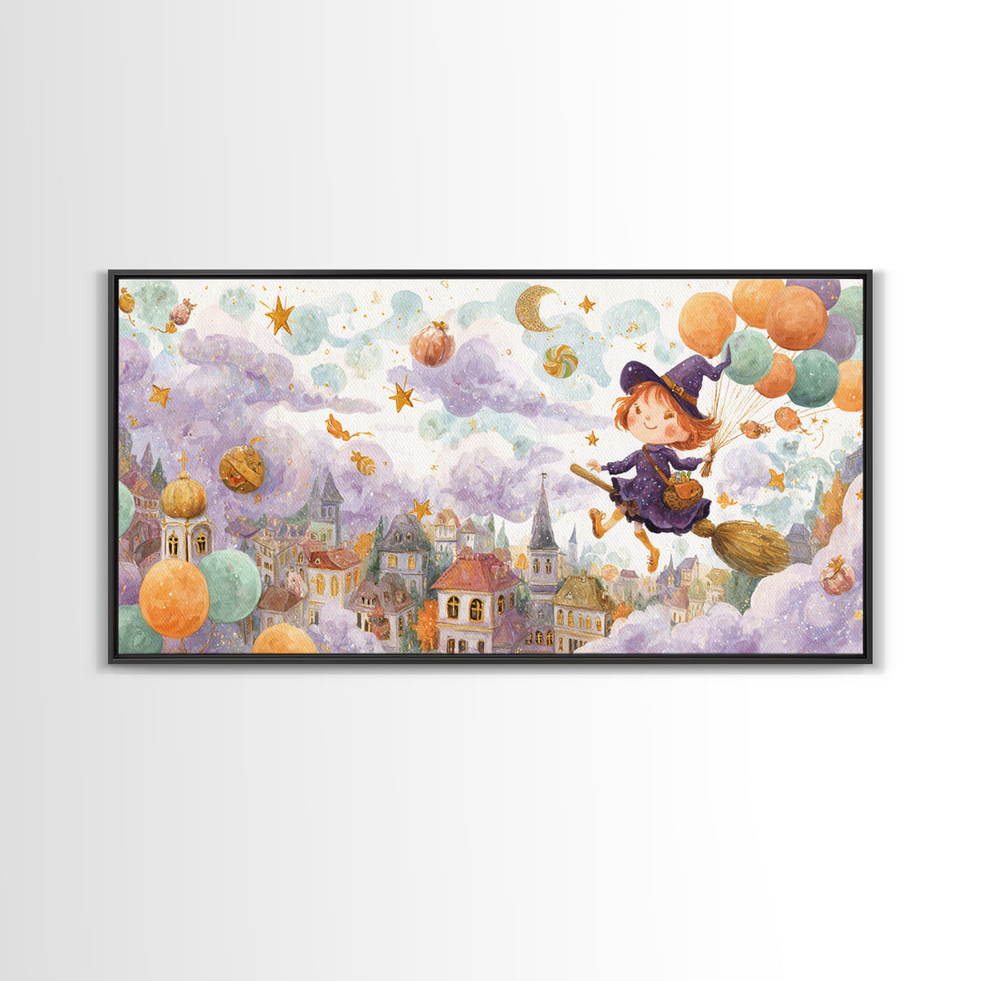 The Witch With A Balloon Broom, Watercolor Halloween Art, Wide Panoramic Art, Framed Canvas Print, Cute Halloween Wall Art