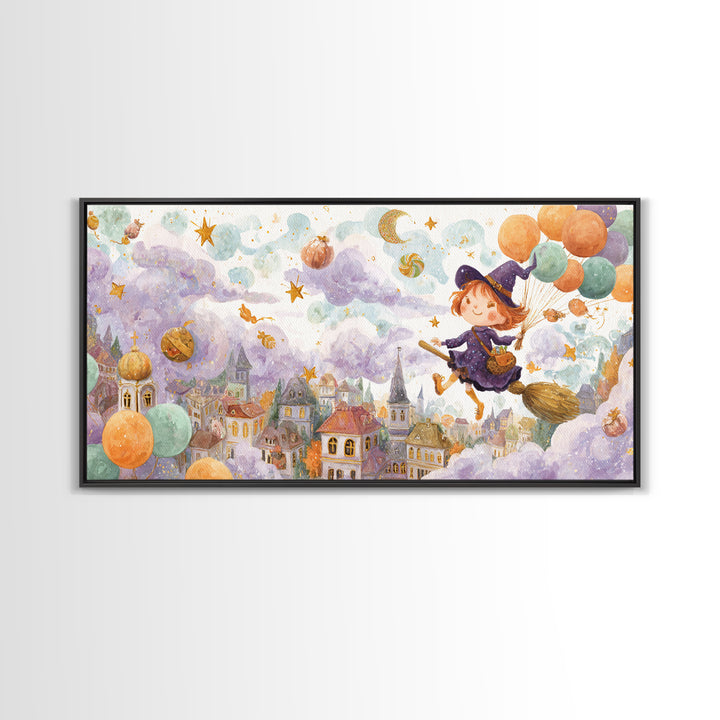 The Witch With A Balloon Broom, Watercolor Halloween Art, Wide Panoramic Art, Framed Canvas Print, Cute Halloween Wall Art