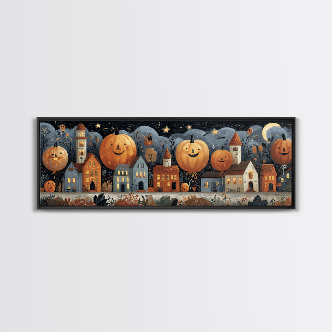 The Pumpkin Balloon Parade, Gouache Halloween Art, Extra Wide Wall Art, Canvas Print, Cute Halloween Wall Art