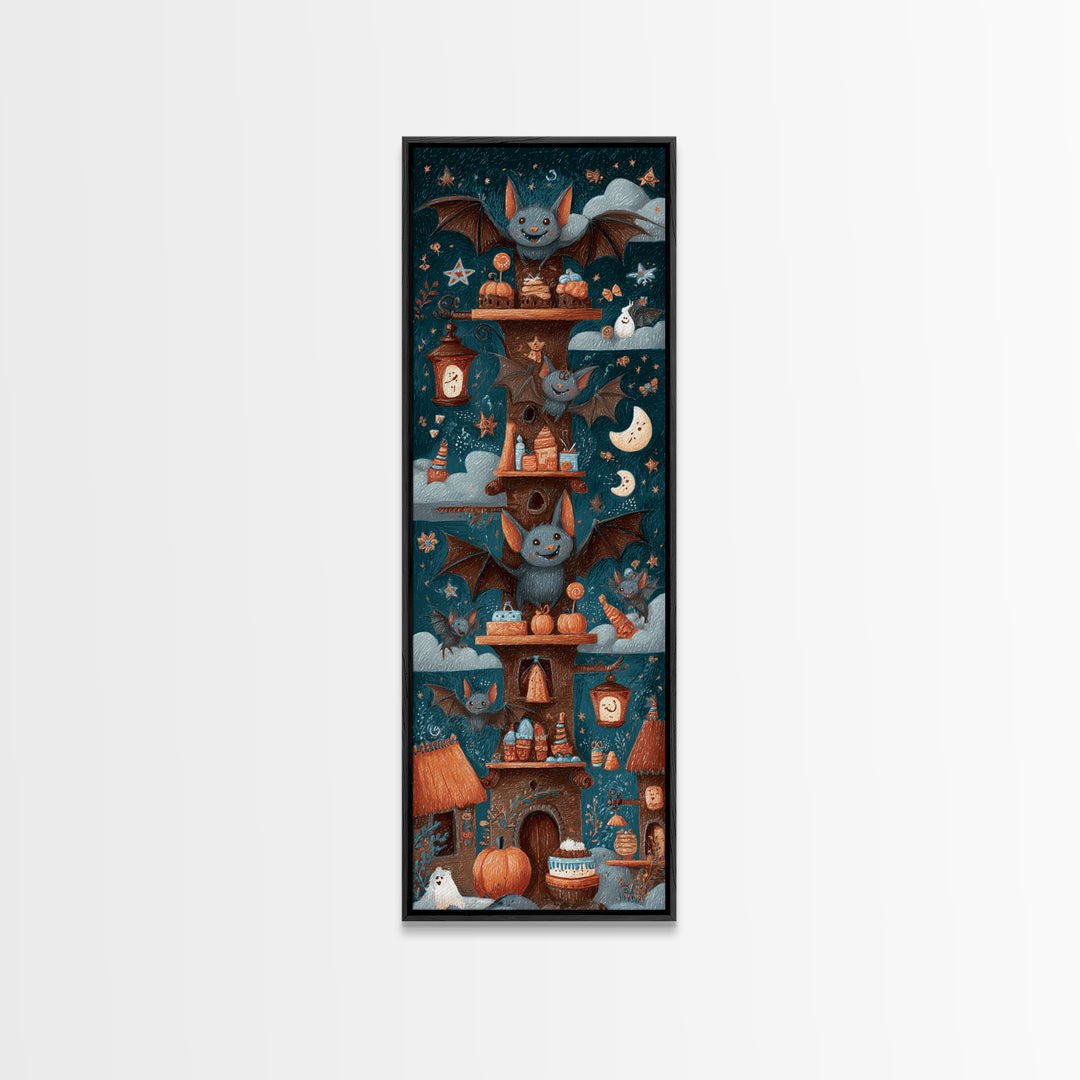 The Brownie Bat Bakery, Crayon Halloween Art, Tall Narrow Wall Art, Framed Canvas Print, Cute Halloween Wall Art