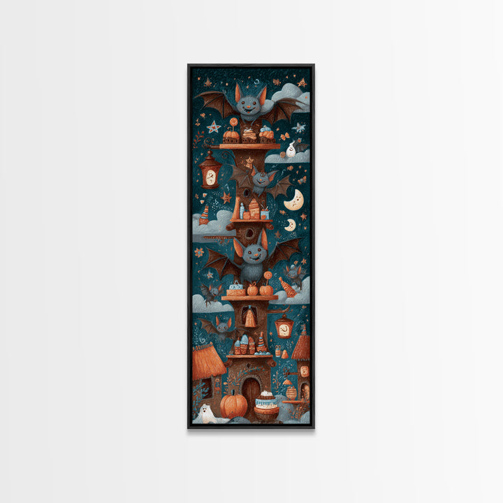 The Brownie Bat Bakery, Crayon Halloween Art, Tall Narrow Wall Art, Framed Canvas Print, Cute Halloween Wall Art