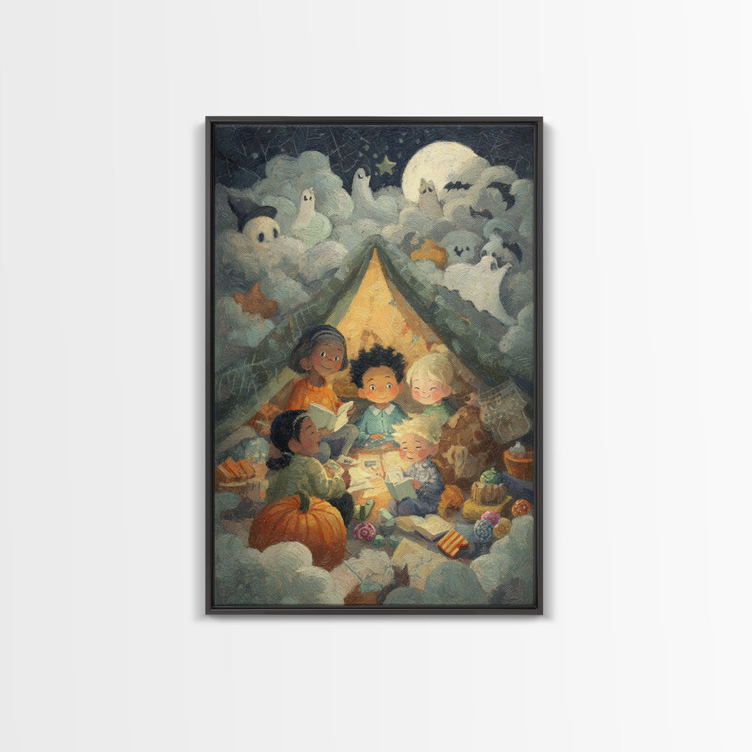 The Halloween Sleepover, Pastel Halloween Art, Vertical Wall Art, Canvas Print, Cute Halloween Wall Art