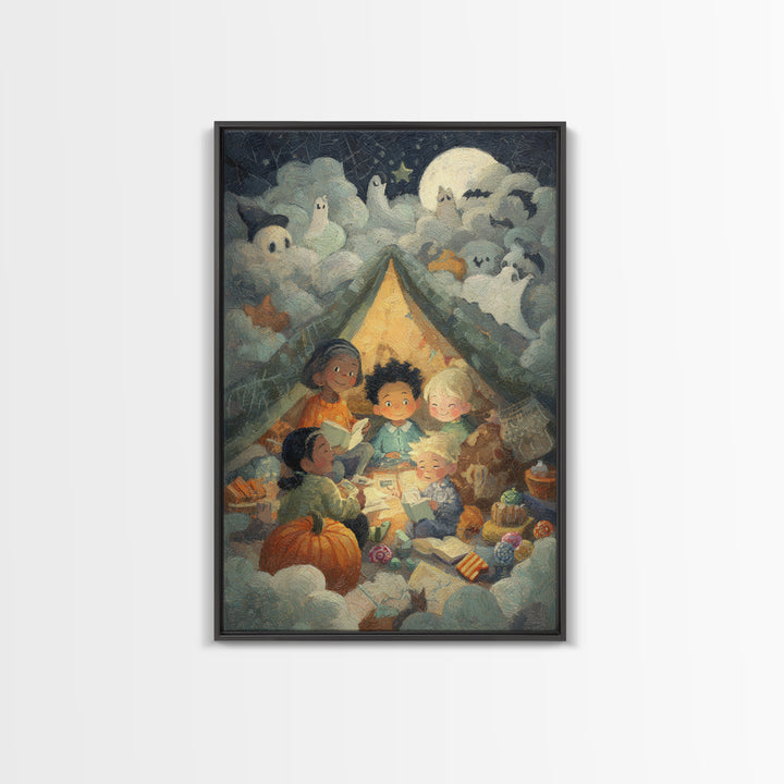 The Halloween Sleepover, Pastel Halloween Art, Vertical Wall Art, Canvas Print, Cute Halloween Wall Art