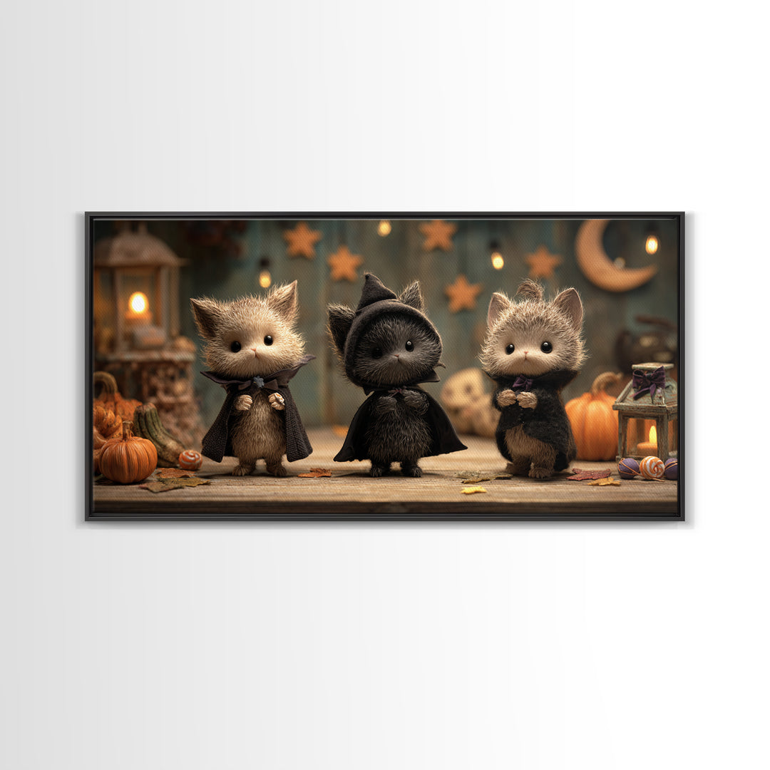 The Kitten Vampire, Clay Halloween Art, Wide Panoramic Art, Framed Canvas Print, Cute Halloween Wall Art