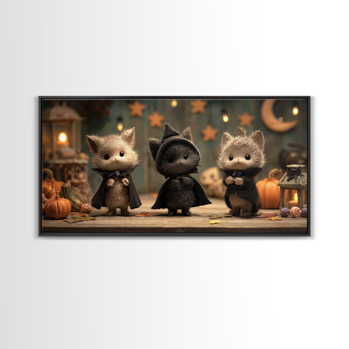 The Kitten Vampire, Clay Halloween Art, Wide Panoramic Art, Framed Canvas Print, Cute Halloween Wall Art