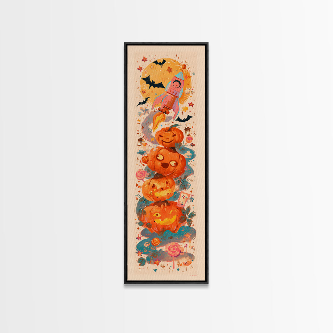 The Pumpkin Rocket Ship, Kawaii Halloween Art, Tall Narrow Wall Art, Framed Canvas Print, Cute Halloween Wall Art, Storybook Decor