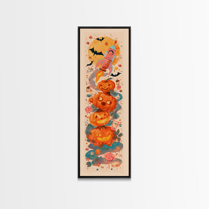 The Pumpkin Rocket Ship, Kawaii Halloween Art, Tall Narrow Wall Art, Framed Canvas Print, Cute Halloween Wall Art, Storybook Decor