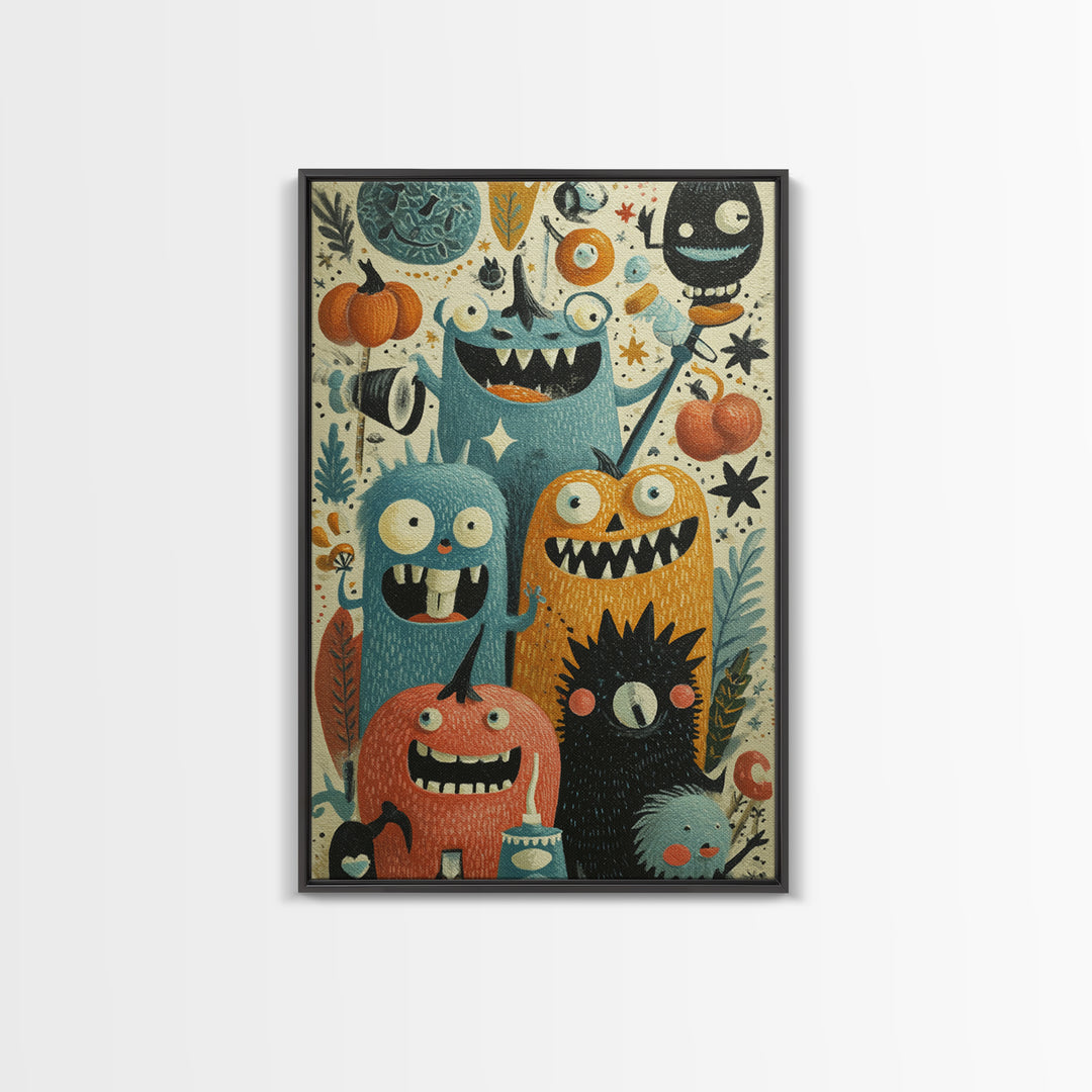 The Monster Toothbrush Club, Retro Halloween Art, Vertical Wall Art, Canvas Print, Cute Halloween Wall Art