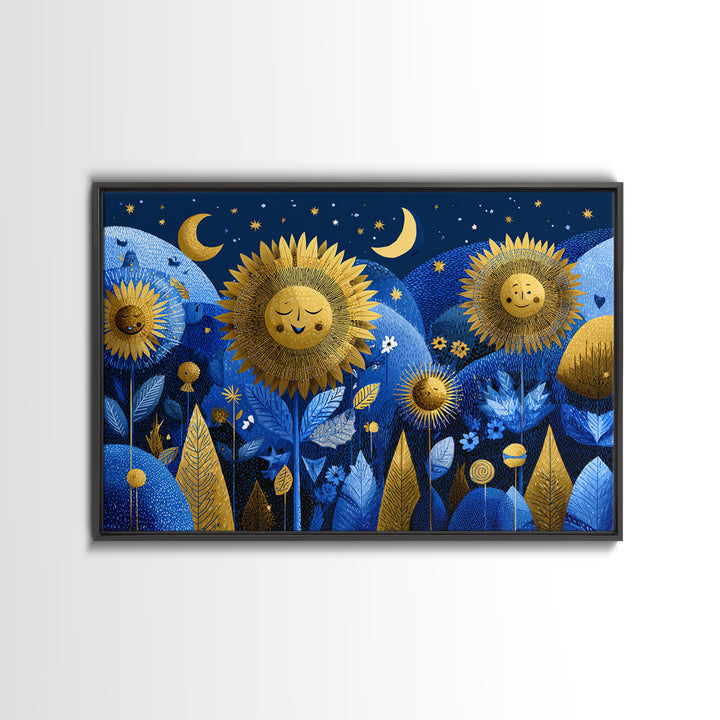 The Singing Sunflowers At Midnight, Screenprint Halloween Art, Landscape Wall Art, Framed Canvas Print, Cute Halloween Wall Art