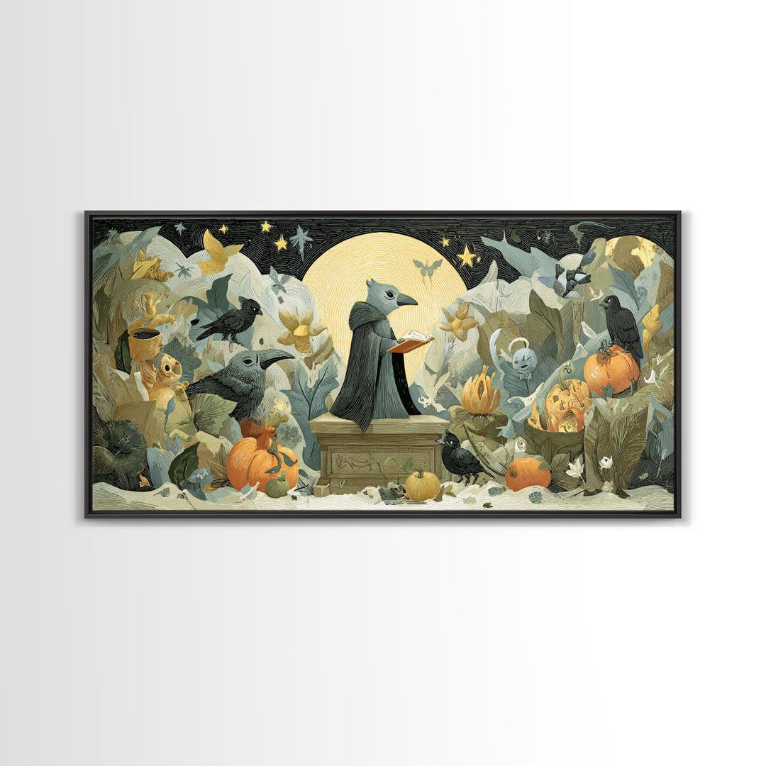 The Raven Sermon Of Leng, Linocut Halloween Art, Wide Panoramic Art, Framed Canvas Print, Cute Halloween Wall Art