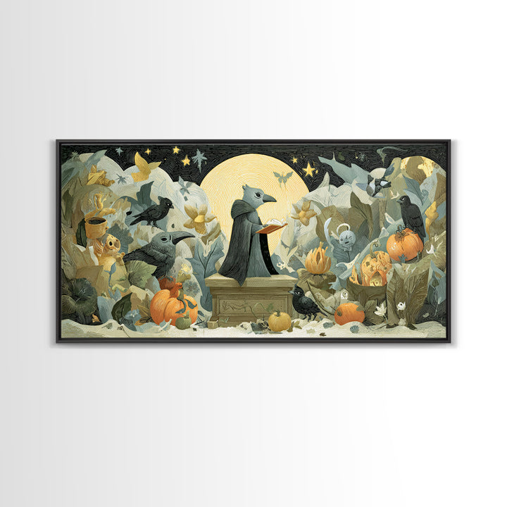 The Raven Sermon Of Leng, Linocut Halloween Art, Wide Panoramic Art, Framed Canvas Print, Cute Halloween Wall Art