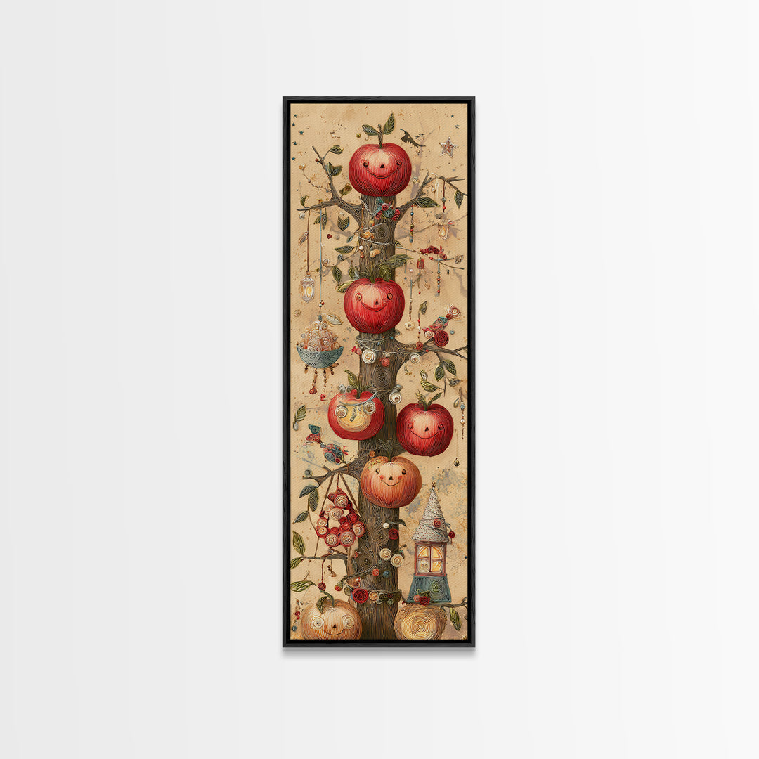 The Enchanted Apple Orchard, Quilled Halloween Art, Tall Narrow Wall Art, Framed Canvas Print, Cute Halloween Wall Art