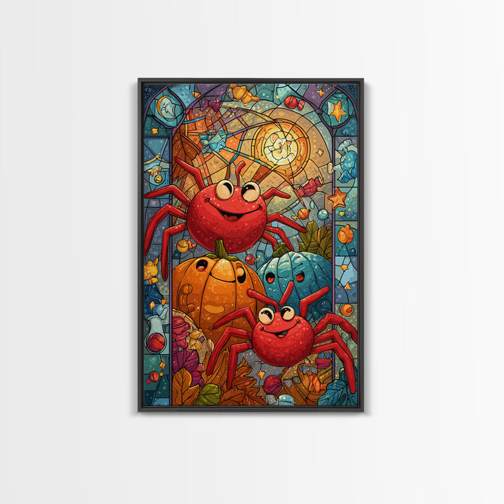 The Licorice Spider Family, Stained Glass Halloween, Vertical Wall Art, Canvas Print, Cute Halloween Wall Art