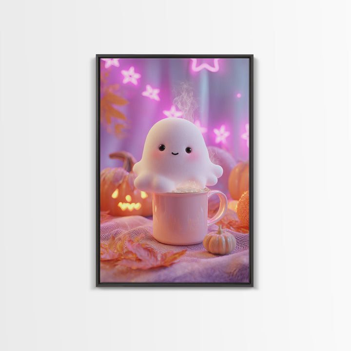 The Marshmallow Ghost, Vaporwave Halloween Decor, Vertical Wall Art, Framed Canvas Print, Retro Halloween Decor, Neon Wall Art