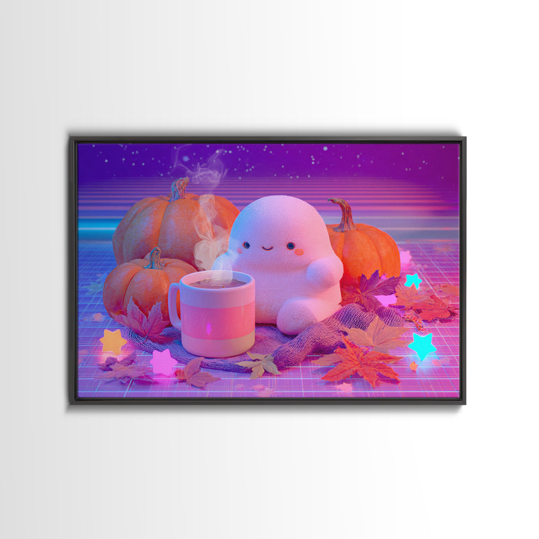 The Marshmallow Ghost, Cute Spooky Neon Art, Landscape Wall Art, Framed Canvas Print, Retro Halloween Decor, Neon Wall Art, Macabre Wall Art