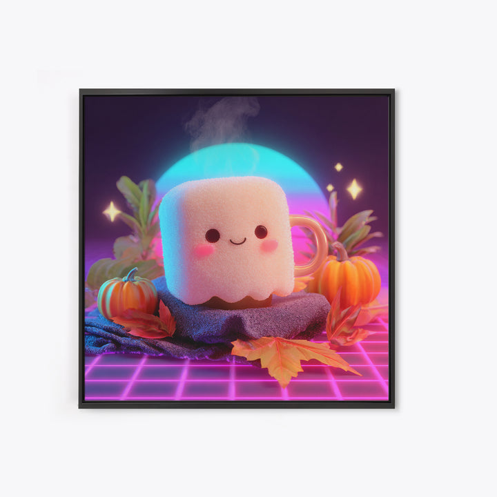 The Marshmallow Ghost, Vaporwave Halloween Decor, Square Wall Art, Framed Canvas Print, Retro Halloween Decor, Neon Wall Art
