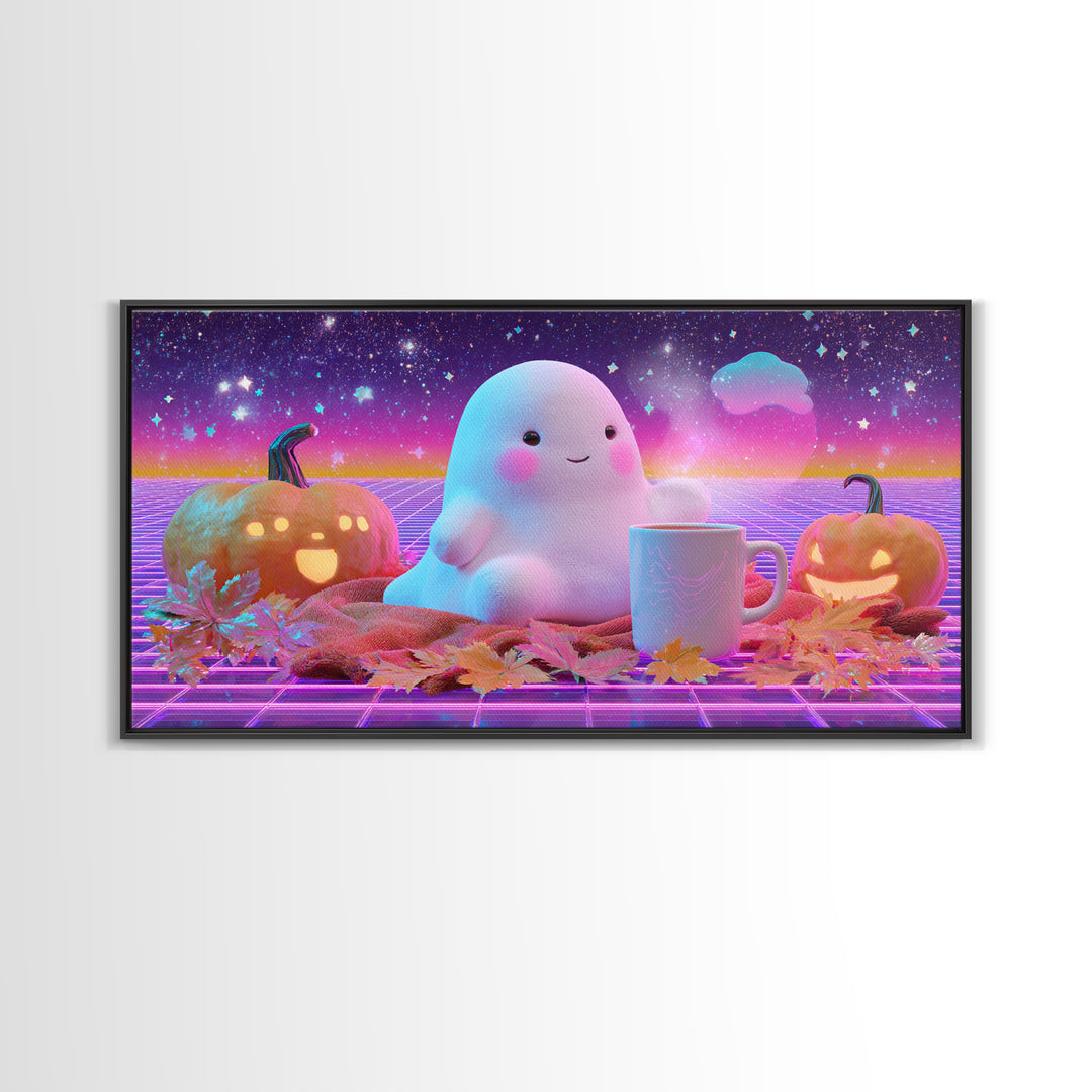 The Marshmallow Ghost, Cute Spooky Neon Art, Wide Panoramic Art, Canvas Print, Retro Halloween Decor, Neon Wall Art, Seasonal Home Decor