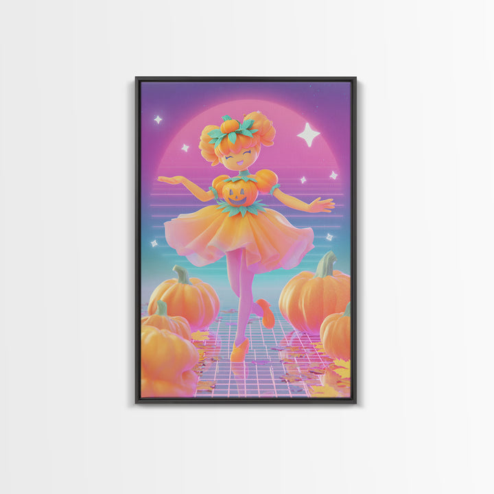 The Pumpkin Princess, Cute Spooky Neon Art, Vertical Wall Art, Framed Canvas Print, Retro Halloween Decor, Neon Wall Art, Dark Fantasy Art