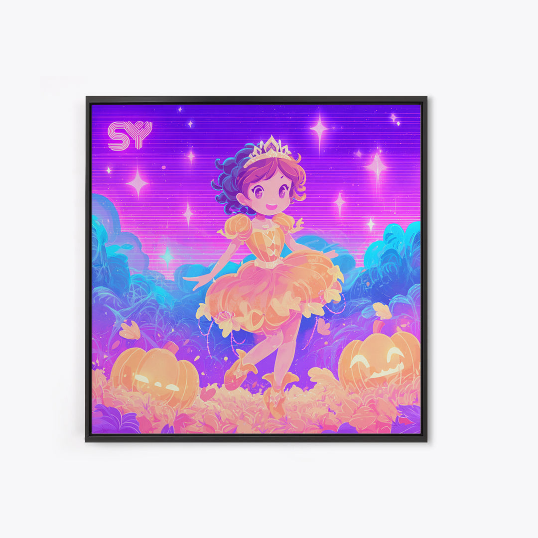 The Pumpkin Princess, Cute Spooky Neon Art, Square Wall Art, Canvas Print, Retro Halloween Decor, Neon Wall Art, Collectible Wall Decor
