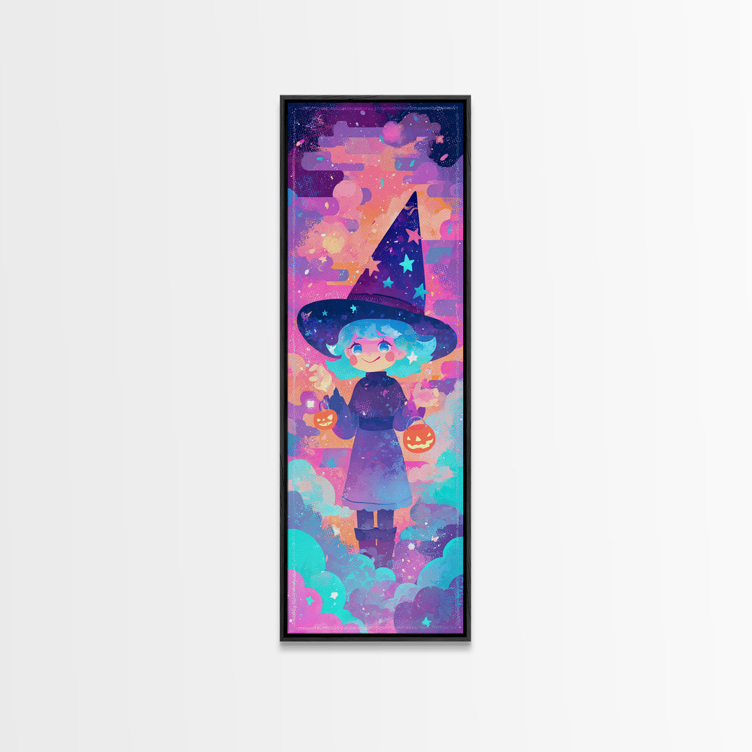 The Little Star Witch, Vaporwave Halloween Decor, Tall Narrow Wall Art, Framed Canvas Print, Retro Halloween Decor, Neon Wall Art