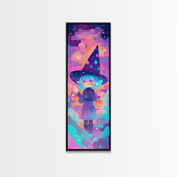 The Little Star Witch, Vaporwave Halloween Decor, Tall Narrow Wall Art, Framed Canvas Print, Retro Halloween Decor, Neon Wall Art