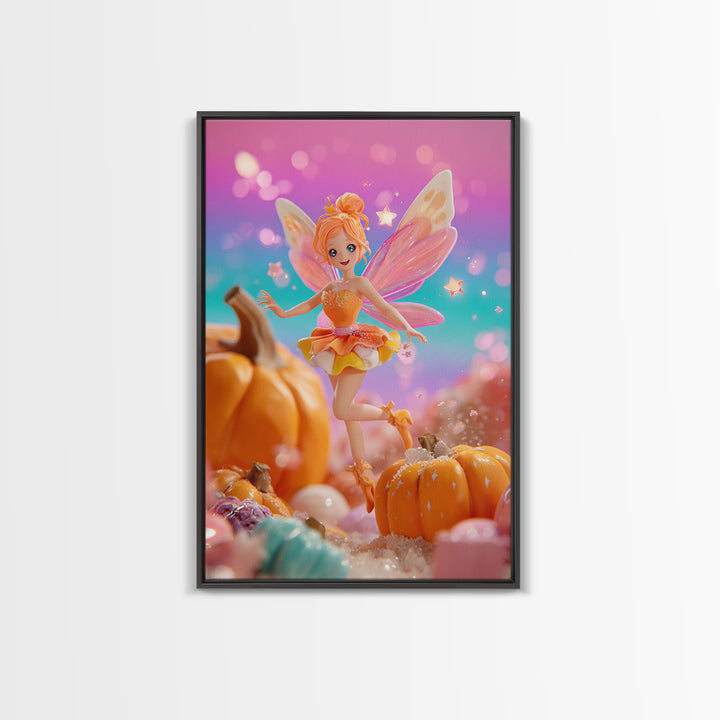 The Candy Corn Fairy, Retro Neon Halloween Art, Vertical Wall Art, Framed Canvas Print, Retro Halloween Decor, Neon Wall Art