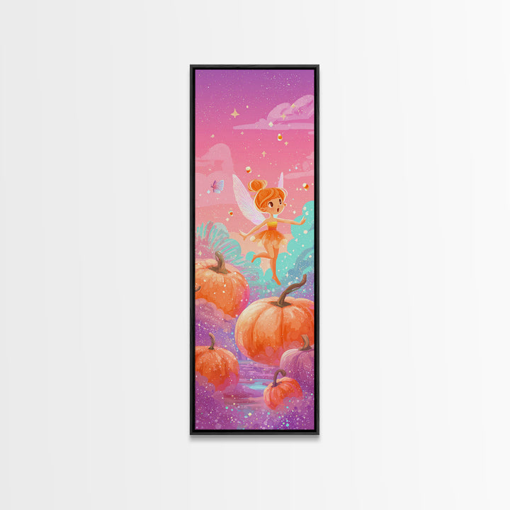 The Candy Corn Fairy, Cute Spooky Neon Art, Tall Narrow Wall Art, Canvas Print, Retro Halloween Decor, Neon Wall Art, Statement Wall Art
