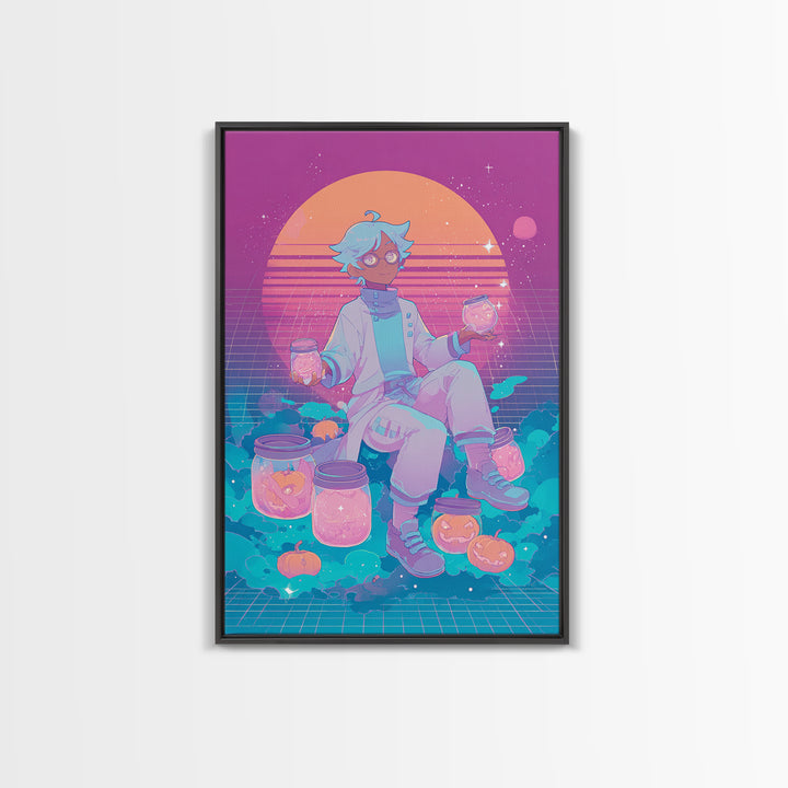 The Moonbeam Wizard, Vaporwave Halloween Decor, Vertical Wall Art, Framed Canvas Print, Retro Halloween Decor, Neon Wall Art