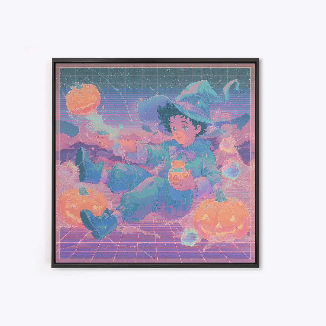 The Moonbeam Wizard, 80s Halloween Wall Art, Square Wall Art, Canvas Print, Retro Halloween Decor, Neon Wall Art, Collectible Wall Decor